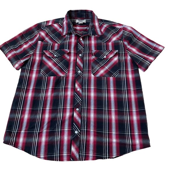 Duke Haband Western Shirt Men's Size Large Red Black Plaid Pearl Snaps Cowboy - Picture 1 of 5